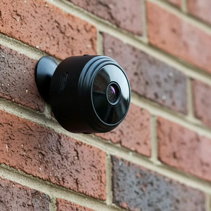 PebblePeek camera fixed to a brick wall with its mount
